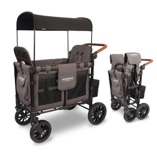 WONDERFOLD W2 Luxe Double Stroller Wagon Featuring 2 High Face-to-Face Seats with Magnetic Buckle 5-Point Harnesses and Adjustable/Removable UV-Protection Canopy, Charcoal Gray
